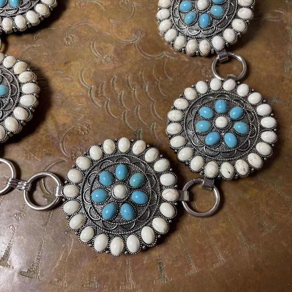 Concho Southwest Silver Unisex Chain belt adjustable 51” Turquoise WHITE Western